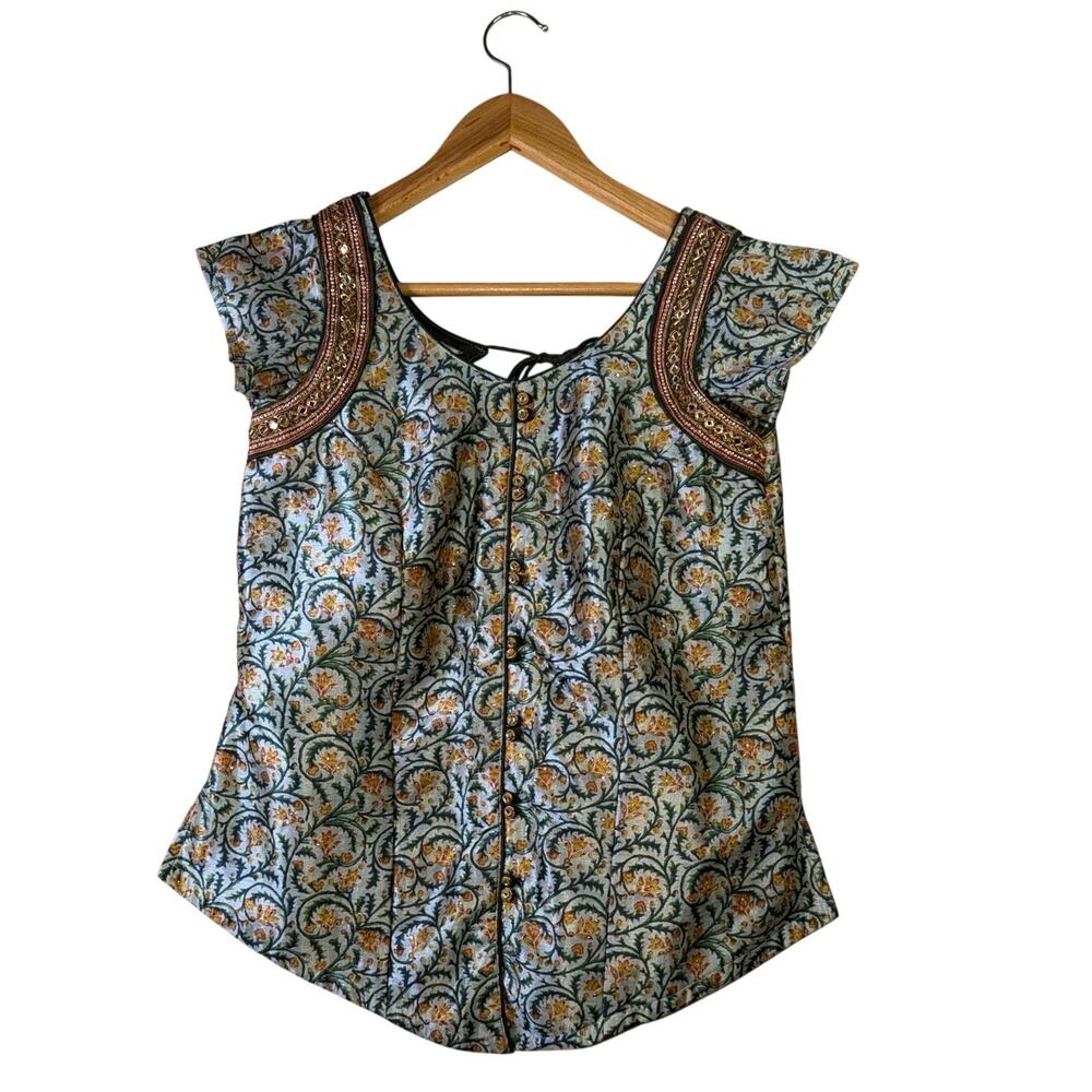 Vintage Green Floral Brocade Saree Blouse XL Mirror Work Back Cutout‎ Tie Choli
